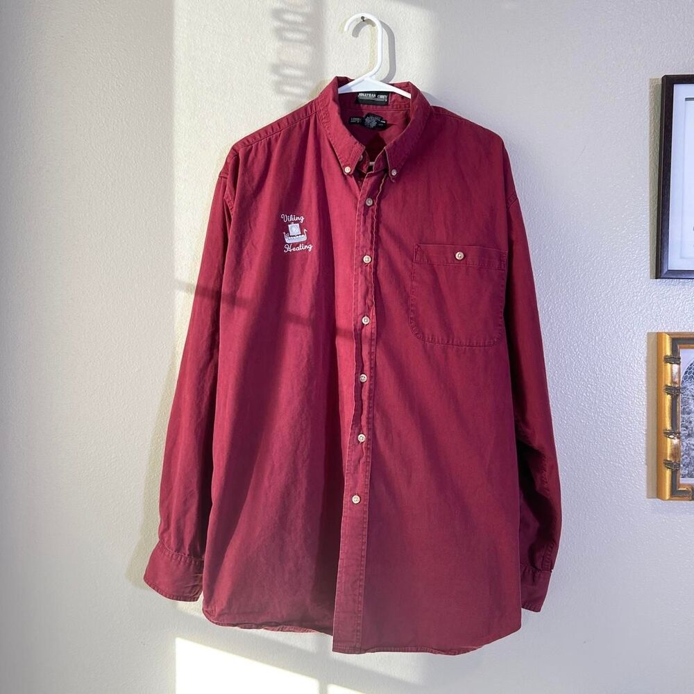 Vintage burgundy cotton twill button up Viking Heating embroidered work shirt XL